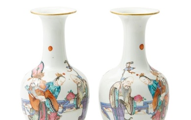 A Pair of Chinese Enameled Porcelain Bottle Vases 19th-20th Century