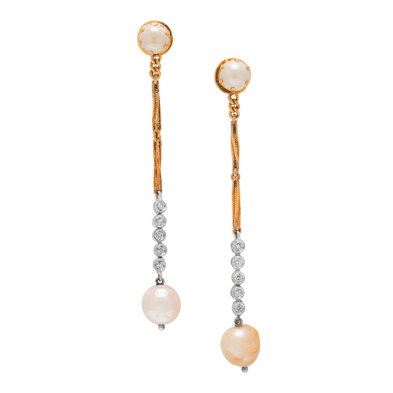 A Pair of Pearl, Diamond, Platinum and Gold Ear Pendants