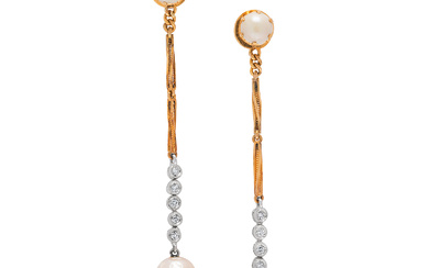 A Pair of Pearl, Diamond, Platinum and Gold Ear Pendants