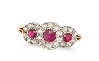 A RUBY AND DIAMOND CLUSTER RING in 18ct yellow gol ...