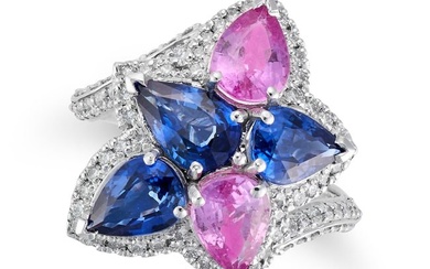 A SAPPHIRE, PINK SAPPHIRE AND DIAMOND RING in platinum, set with pear cut blue and pink sapphires in