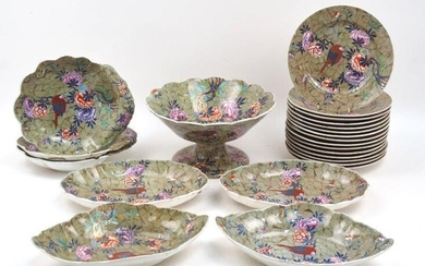 AMENDMENT: Please note, this lot has fifteen side plates and not twelve as originally catalogued. A Spode part dessert service, 19th century, decorated with bird and peonies motifs, inscribed and impressed 'Spode', comprising: seven scallop shaped...