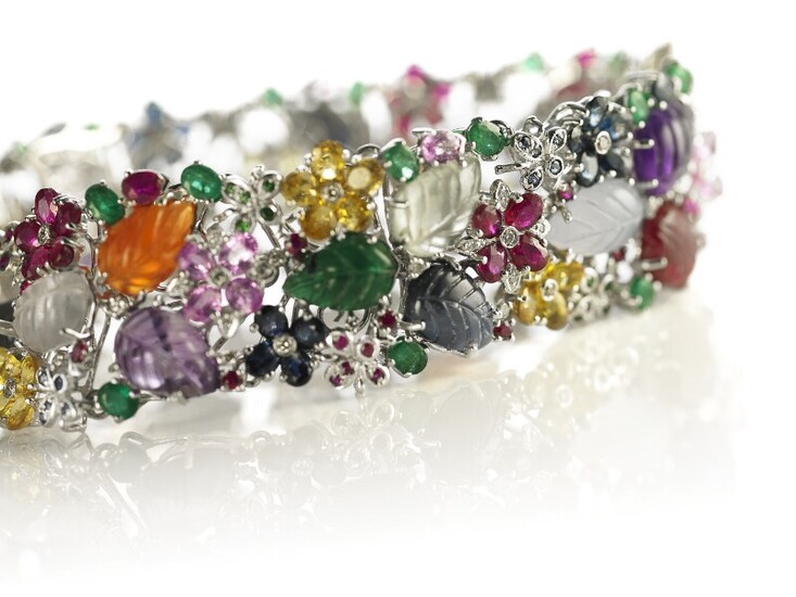 A “Tutti Frutti” bracelet set with sapphires, emeralds, rubies, amethysts, moonstones and prehnites and brilliant-cut diamonds, mounted in 18k white gold.