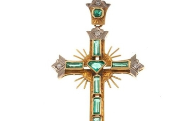 A Victorian Emerald & Diamond Cross Pendant in 18K