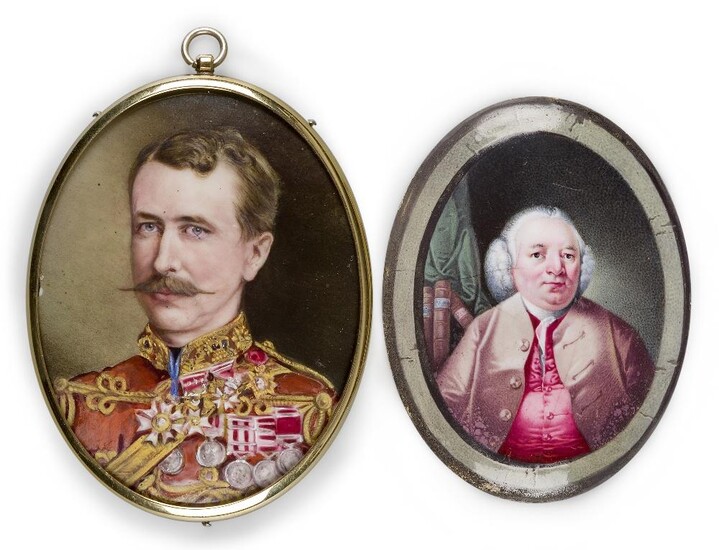 A Victorian enamel portrait miniature of a highly decorated military officer, c.1860, depicted wearing the Indian Mutiny medal and the China medal, the reverse with spurious applied plaque, in a brass frame, 8cm high; together with an enamel...
