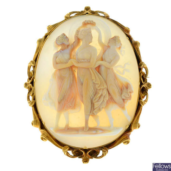 A Victorian gold shell cameo brooch, depicting the Three Graces.