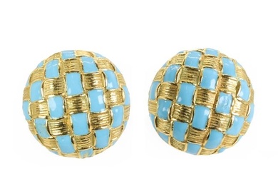 A boxed pair of 18ct gold and enamel clip earrings, by John Donald