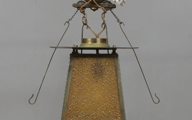 A ceiling lamp/lantern, patinated metal and glass, Art Nouveau, early 20th century, height approx. 45 cm.