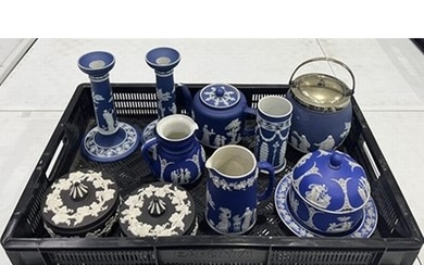 A collection jasperware, including a pair of Wedgwood candle...