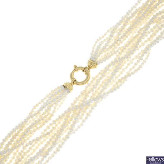 A cultured pearl multi-row necklace.