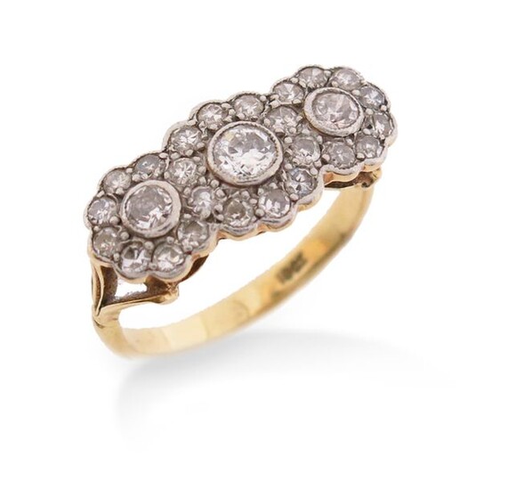 A diamond triple cluster ring, set with three graduated old...
