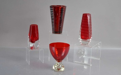 A group of four mid-century modern ruby red art glass items
