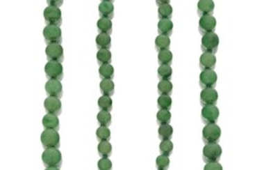 A jadeite jade bead necklace, comprising a single row of one hundred and twenty graduated beads, of overall medium apple green colour, diameters range from 4.5mm to 10.1mm, approx. length 72cm Accompanied by report number 57823332, dated 12th...
