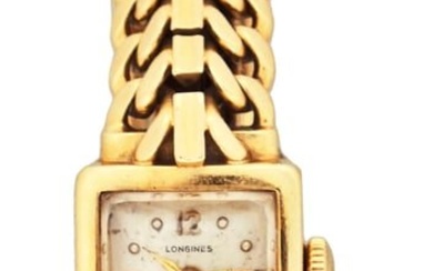 A mid 20th century lady's gold Longines wrist watch with integral bracelet