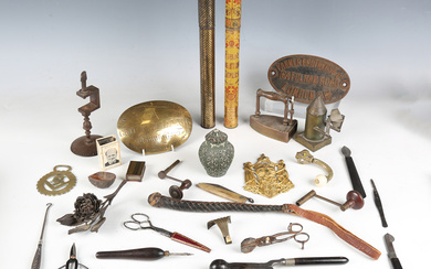 A mixed group of collectors' and metalwork items, including an 18th century steel needlework cl