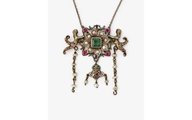 A necklace with emerald, rubies, river pearls and enamel - probably Austria, circa 1880-1890