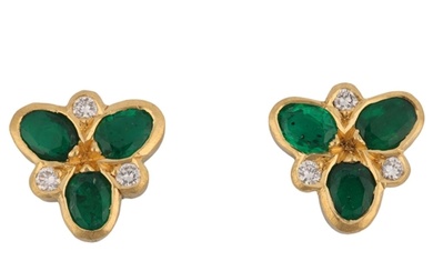 A pair of 18ct gold emerald and diamond Forget-Me-Not earrin...