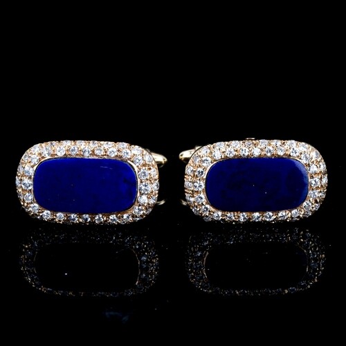 A pair of 18ct gold lapis lazuli and diamond cluster cufflin...