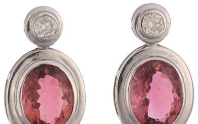 A pair of 18ct white gold pink tourmaline and diamond earrin...
