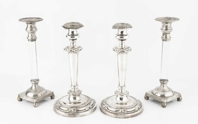 A pair of 19th century silver plated candlesticks, the knopped...