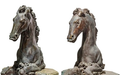 A pair of Italian bronze hippocampi, 19th century