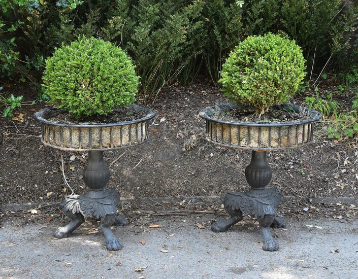 A pair of black painted cast iron planters in late 18th Century style