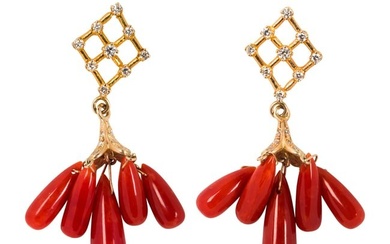 A pair of coral, diamond and 18k gold earrings