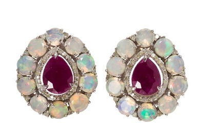 A pair of gem-set, silver and 14k gold earrings