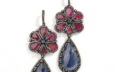 A pair of kyanite and diamond ear pendants set with a pear-shaped kyanite, tourmalines, sapphire and diamonds, mounted in oxidized silver and 14k gold. (2)