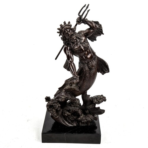 A patinated bronze sculpture of Neptune, on black marble bas...