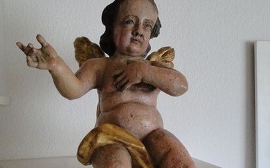 A polychrome painted and partially gilded putto / angel - 52 cm (1) - Baroque - Wood - about 1700
