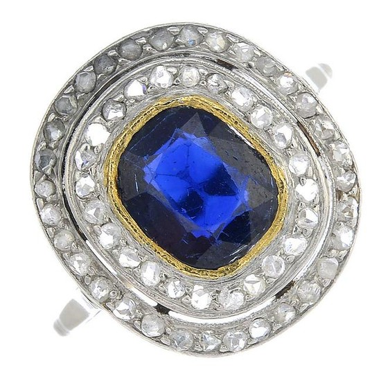 A sapphire and diamond cluster ring.Sapphire calculated