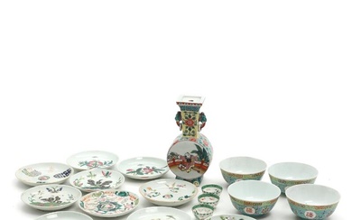 A selection of Chinese porcelain ware, comprising ten plates, decorated in enamel...