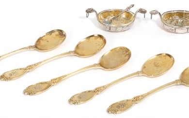 A set of five French and Royal Rococo revival silver-gilt jelly spoons,...