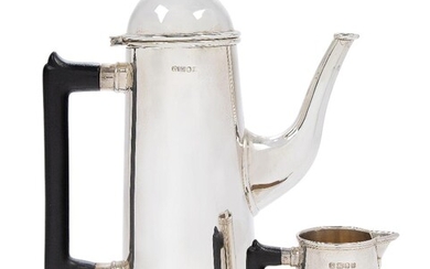 A silver coffee pot and milk jug by Theo Fennell, London, 1988, each of tapering cylindrical form with angular handle, the coffee pot with hinged lid surmounted by finial, 28.5cm and 9.8cm high, total weight approx. 43.9oz (2) Provenance: The...