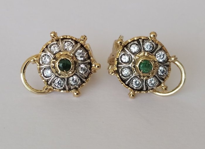 A very Ornate Pair of Hand-made 18kt Gold and Silver Stone Set Mallorca Button Earrings. Early to Earrings - Silver, Yellow gold