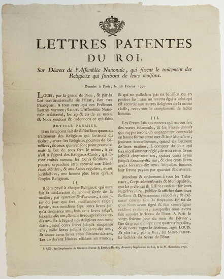 ABOLITION DU CLERGÉ RÉGULIER 1790. « Lettres... - Lot 199 - Vermot et Associés