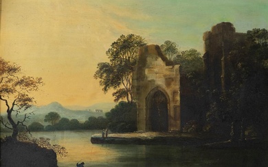 AMERICAN SCHOOL (19TH/20TH CENTURY) CHURCH RUINS BY THE RIVER Oil on board: 21 x 27 1/2 in.