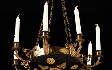 AMPEL, Empire style, 19th century, 8 candles, brass and black painted plate.