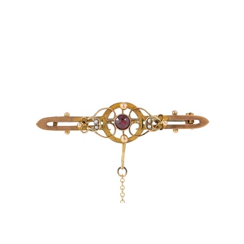 AN ANTIQUE RUBY AND SEED PEARL SET BROOCH, mounted in gold, ...