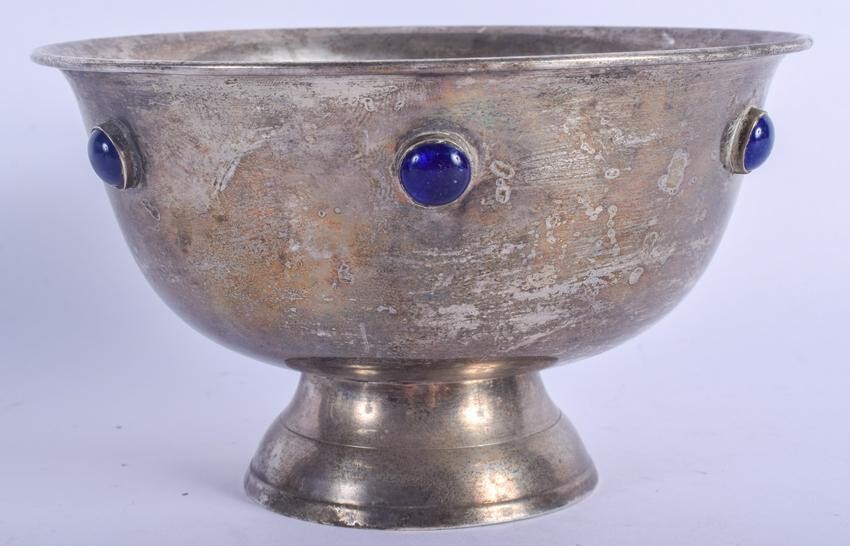 AN ARTS AND CRAFTS WHITE METAL AND LAPIS GLASS BOWL. 10