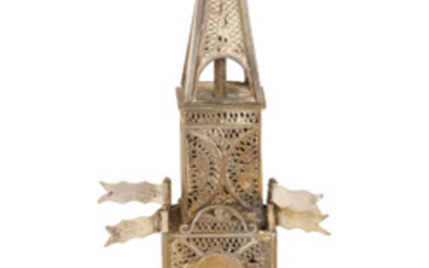 AN AUSTRO HUNGARIAN SILVER AND FILIGREE SPICE TOWER