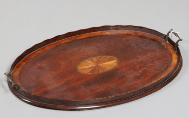 AN EDWARDIAN INLAID OVAL SHAPED SERVING TRAY.