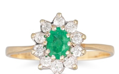 AN EMERALD AND DIAMOND CLUSTER RING, mounted in 9ct yellow g...