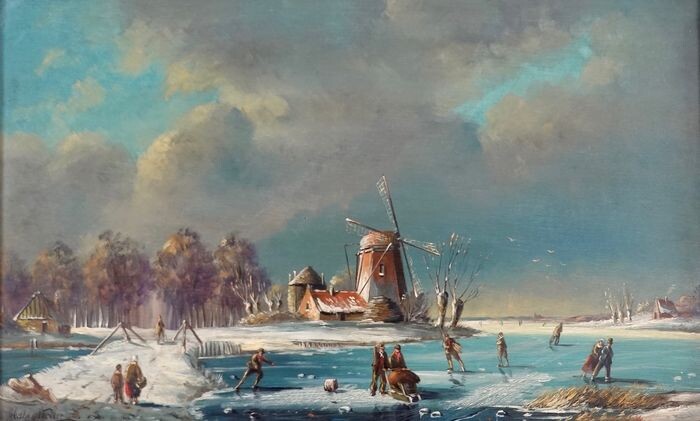 Abraham Verneer. (XIX/XX) - Winter lake scene with figures and windmill.