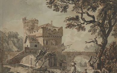 After Paul Sandby, RA, British 1731-1809- A fortified bridge in...