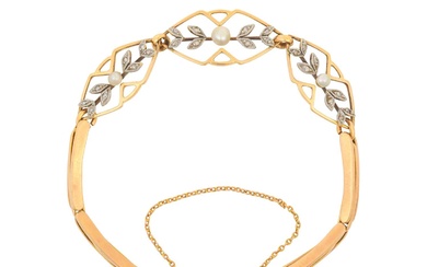 An Edwardian Pearl and Diamond Bracelet three yellow openwork lozenge...
