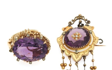 NOT SOLD. An amethyst jewllery collection comprising a ring and a brooch set with a...