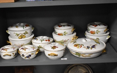 An assorted collection of Royal Worcester Evesham patterned lidded tureens of varying sizes, the