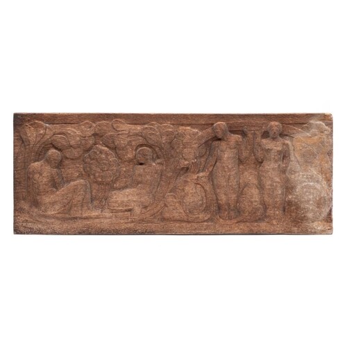An early 20th century carved oak panel: with standing and se...